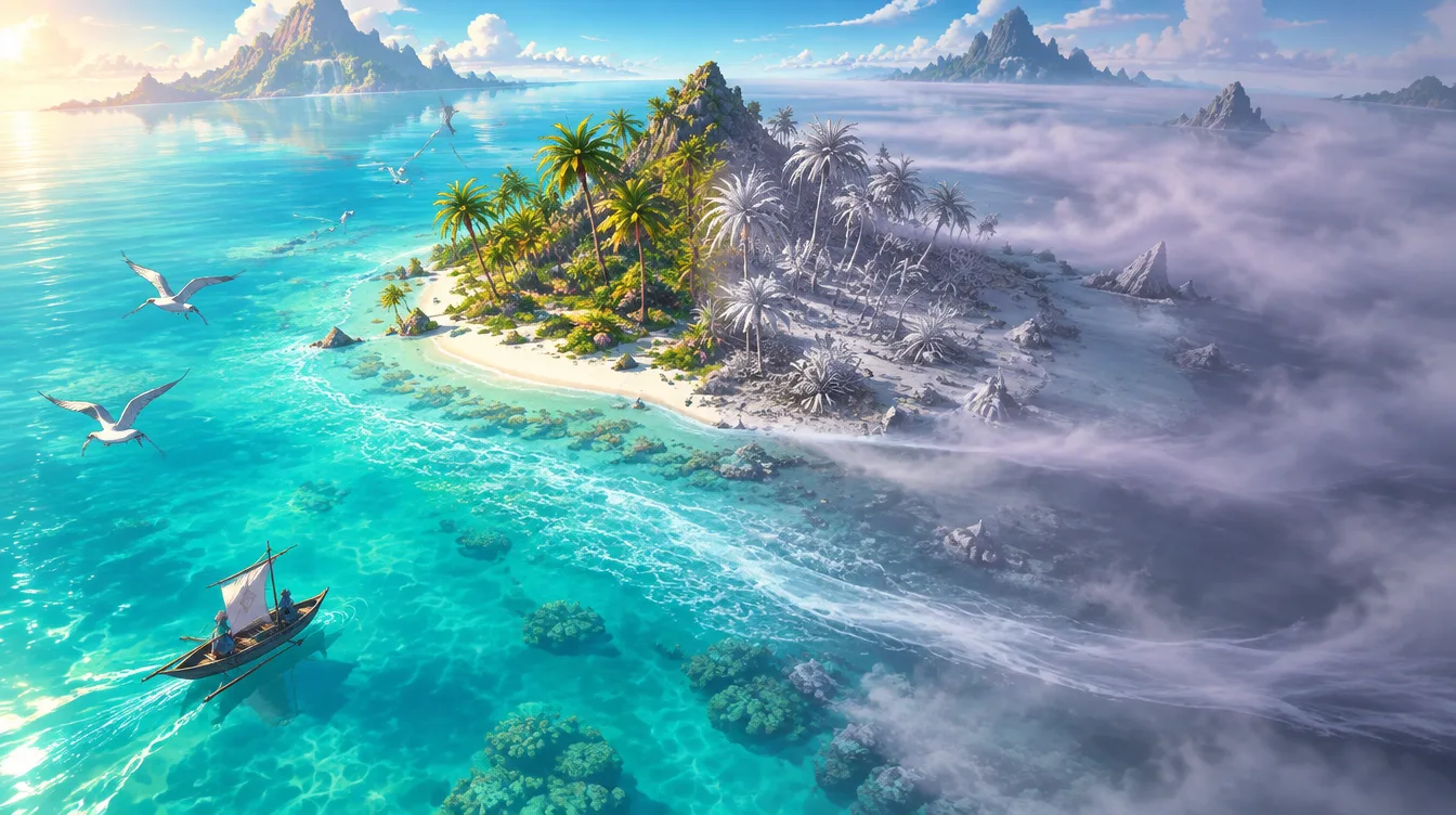 Pulau kecil di laguna yang separuhnya sudah kelabu dan diam, dan kabut pasang kelabu merayap ke separuh yang masih berwarna.