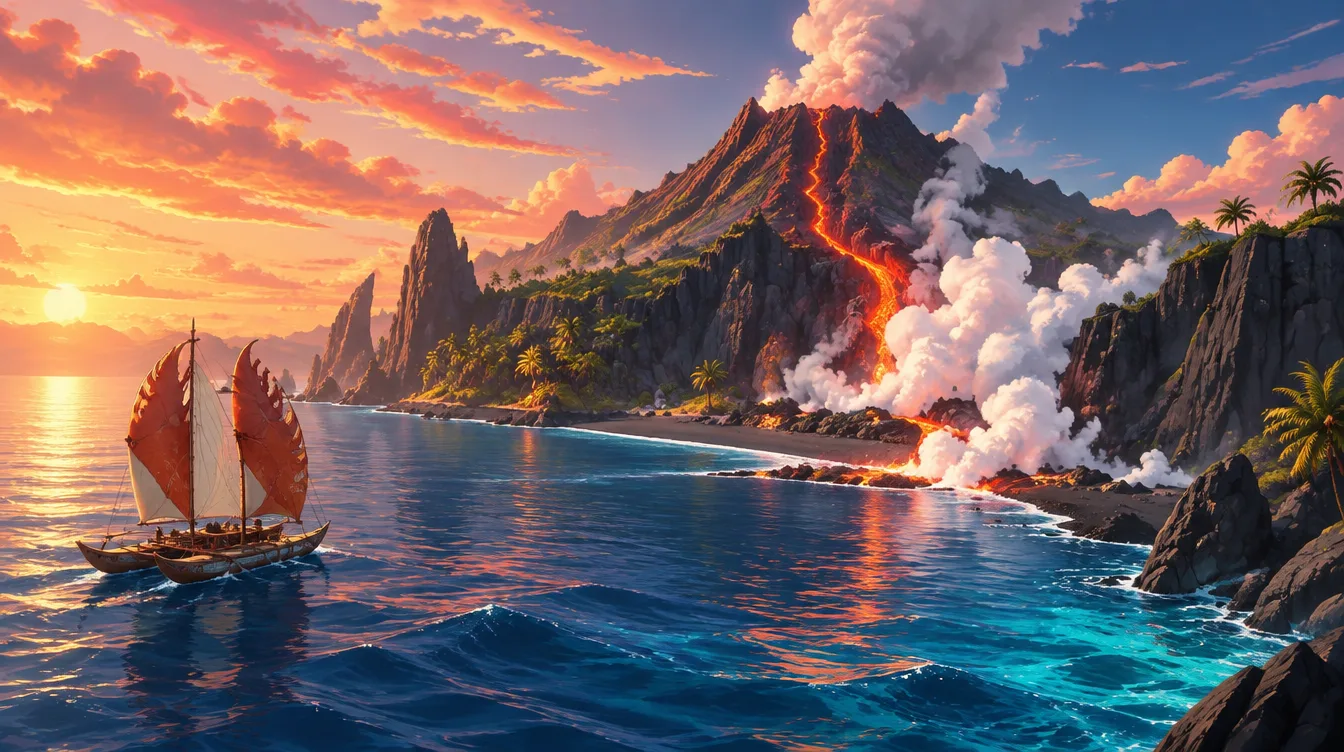 Atol vulkanik berasap saat senja, aliran lava jingga masuk ke laut dan uap putih membubung, kano berlayar merah menjaga jarak.