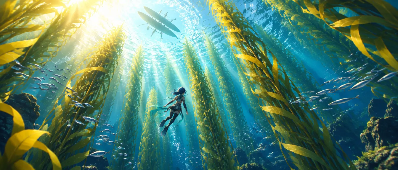 Hutan kelp keemasan menjulang seperti tiang katedral di bawah air, berkas matahari jatuh miring dari permukaan, siluet kano mengapung jauh di atas dan seorang penyelam berenang naik.